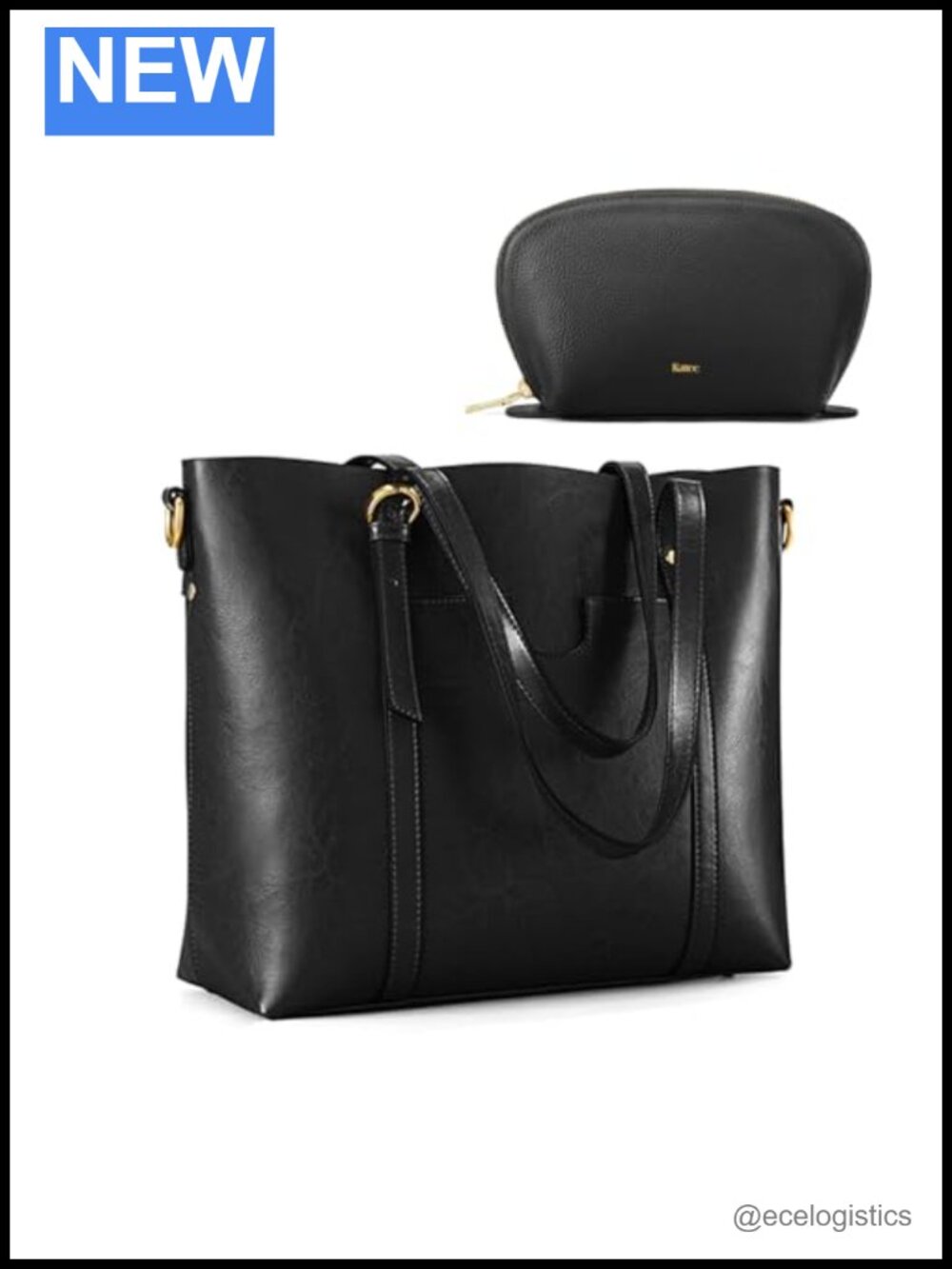 Vintage Waxed Cowhide Leather Tote Bag with Makeup Pouch, Shoulder Handbag